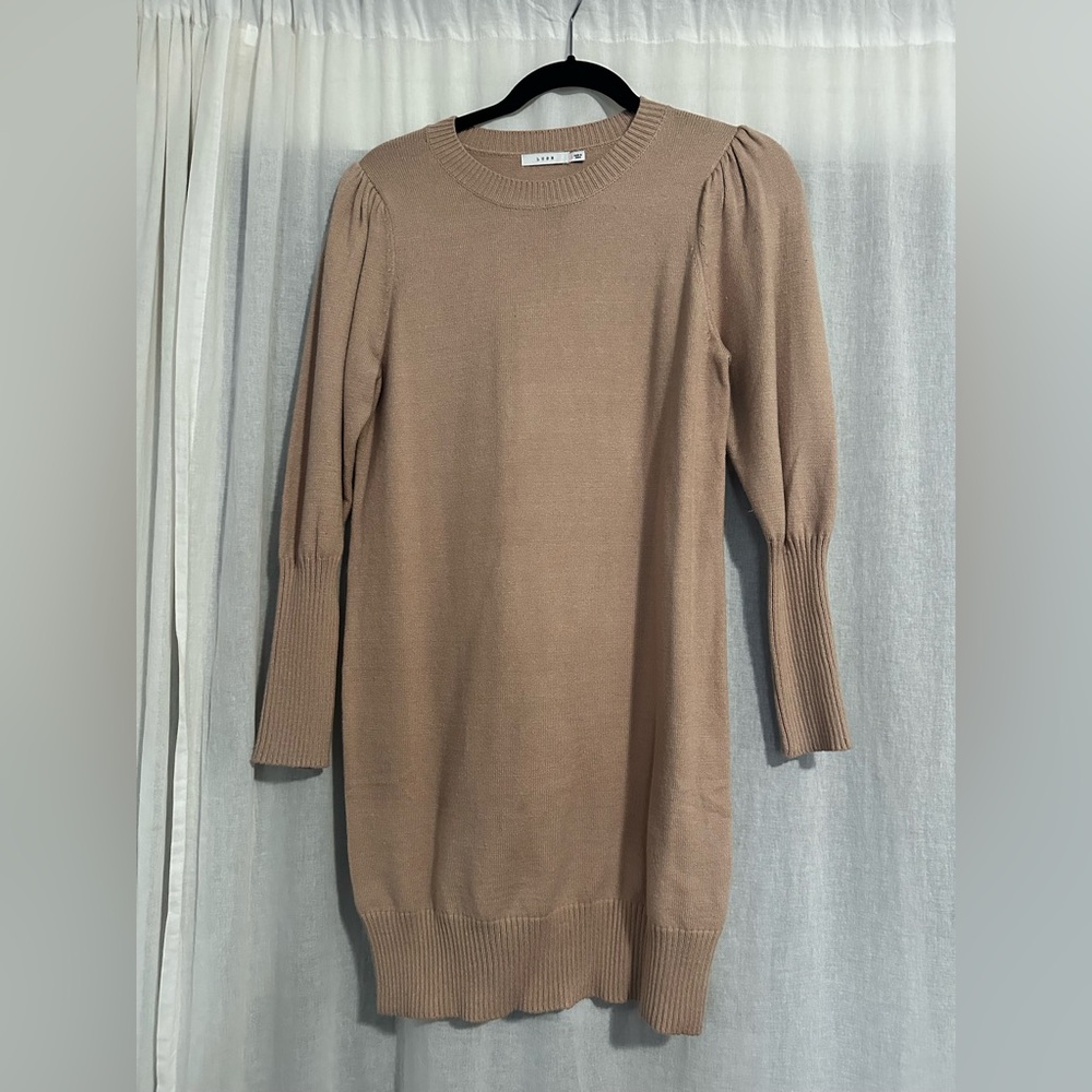 Lush Tan Sweater Dress with ribbed sleeves, neck line, and bottom.